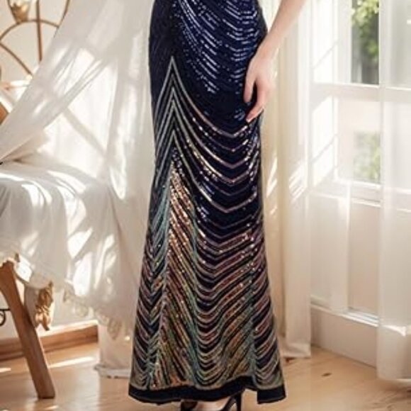 Gold Navy Blue Sequined Strapless Bodcongown Dress Corset Back Size 6 NWT - Picture 2 of 14